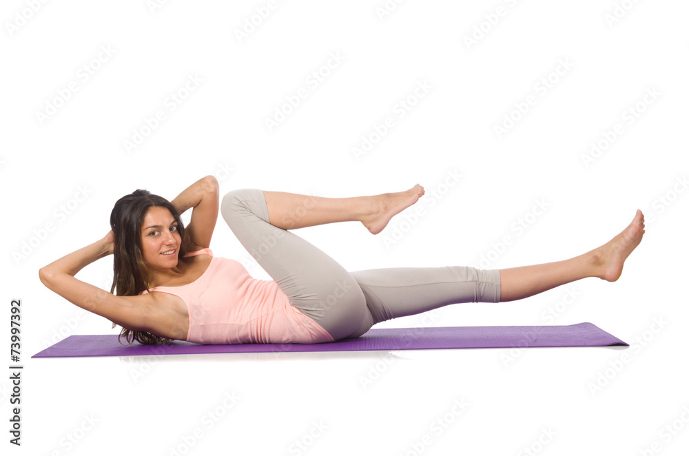 Young woman doing sport exercises isolated on white Young woman doing sport exercises isolated on white