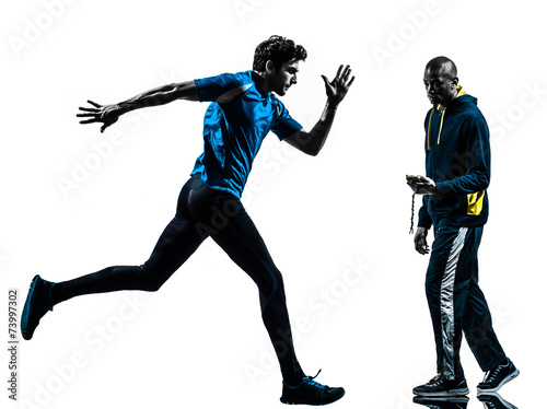 man runner sprinter with coach stopwatch silhouette
