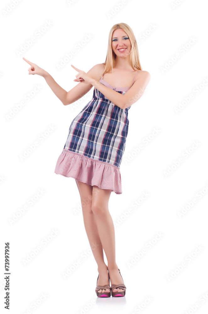 Naklejka premium Woman pressing virtual button isolated on white