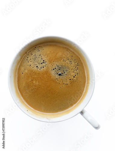 Fresh coffee in white cup,top view