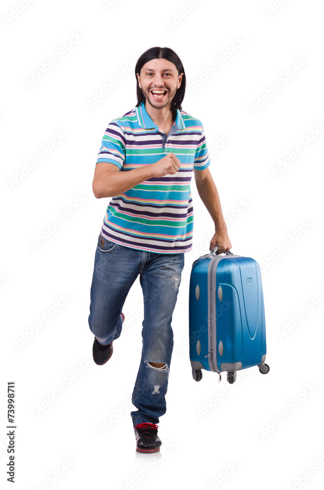 Young man travelling with suitcases isolated on white Young man travelling with suitcases isolated on white