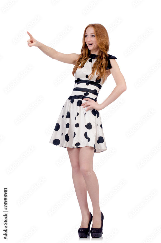 Woman pressing virtual button isolated on white Woman pressing virtual button isolated on white