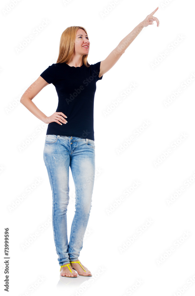 Woman pressing virtual button isolated on white Woman pressing virtual button isolated on white