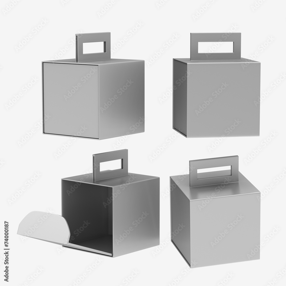 Silver paper carton box with handle, clipping path included Silver paper carton box with handle, clipping path included
