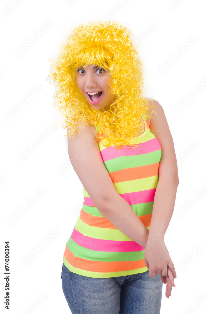 Woman with colourful wig isolated on white Woman with colourful wig isolated on white