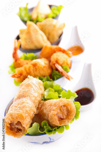 asian cuisine, spring roll, samosa and fritter shrimp