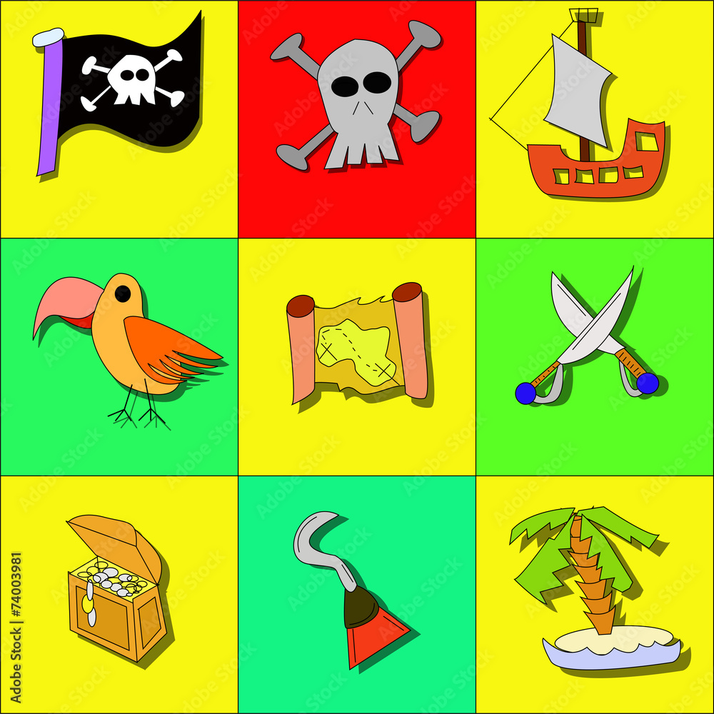 Pirate symbols with skull, ship, treasure and swords