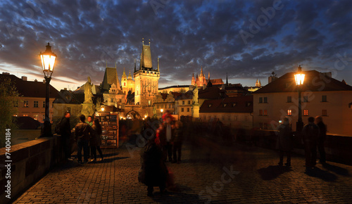 Night Prague Castle with Sculptures from Charles Bridg