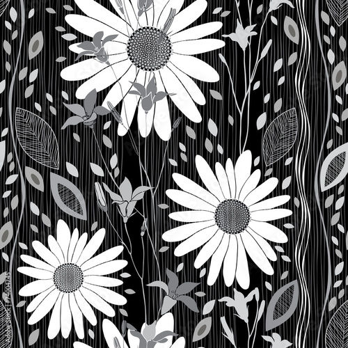 Fototapeta Naklejka Na Ścianę i Meble -  Monochrome seamless pattern of abstract flowers and  leaves on b