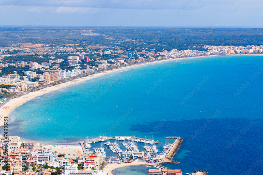 mallorca, can picafort, sant pere  aerial shot city, beach and s