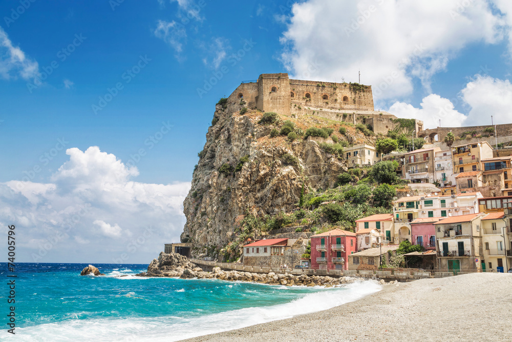 Beach of Scilla with Castello Ruffo, Calabria, Italy