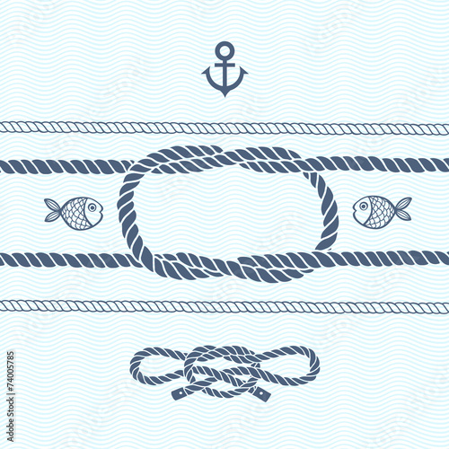 Nautical card with frame, anchor,marine knots, ropes and fish.