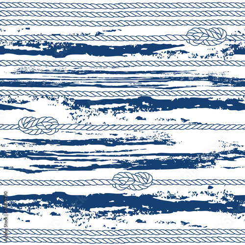 Seamless pattern with marine rope,  knots and abstract waves.