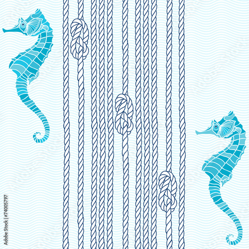 Seamless pattern with marine rope, knots and seahorses.