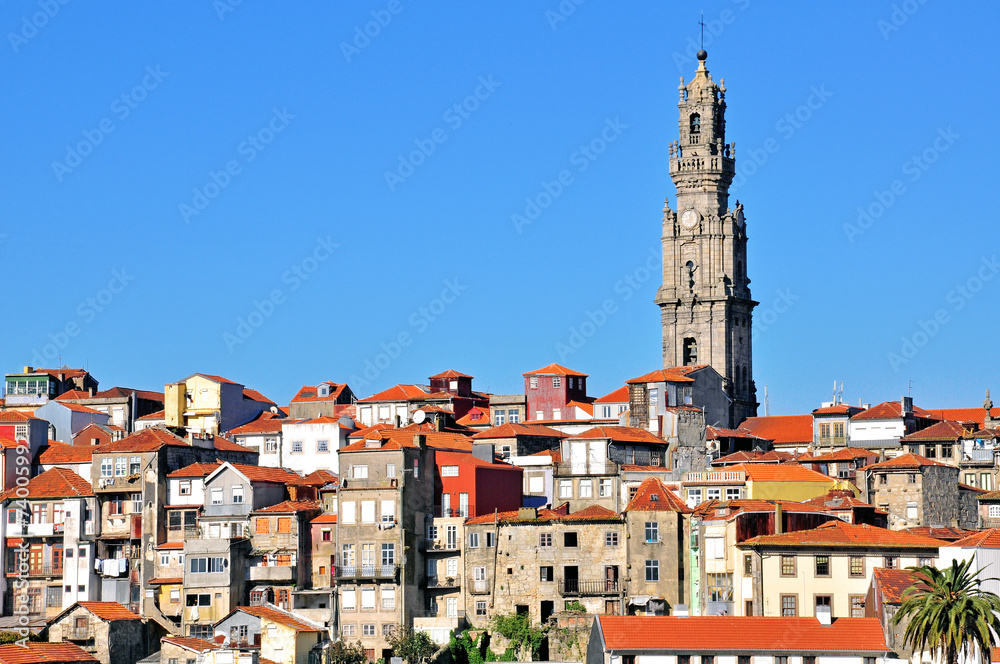 Bell tower and old town of Oporto