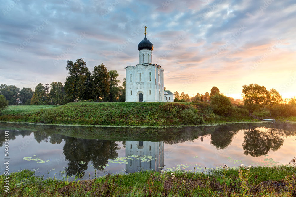 Church of Intercession of Holy Virgin on the Nerl River at dawn.