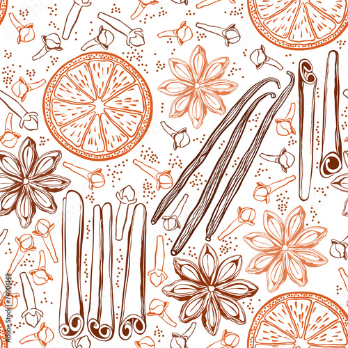 Seamless background with spices and citrus fruit. Hand-drawn vec