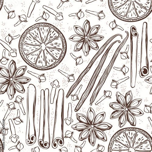 Seamless background with spices and citrus fruit. Hand-drawn vec