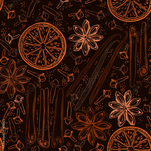 Seamless background with spices and citrus fruit. Hand-drawn vec
