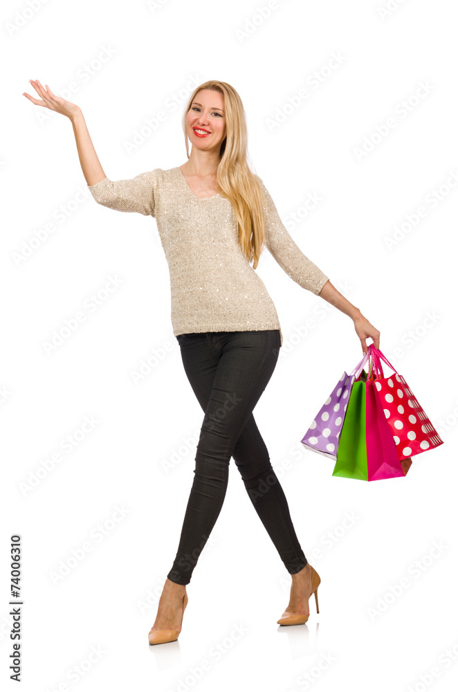 Woman with shopping bags isolated on white Woman with shopping bags isolated on white