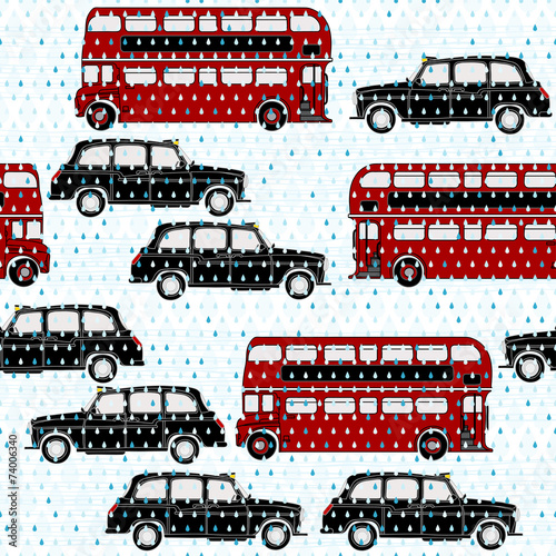 Seamless pattern with double-decker buses and London taxi under