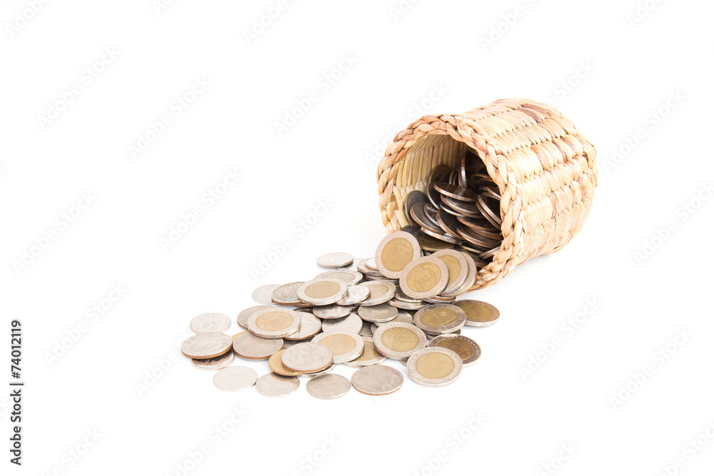 Wooden Basket handmade and stack of coin isolated on white backg Wooden Basket handmade and stack of coin isolated on white backg
