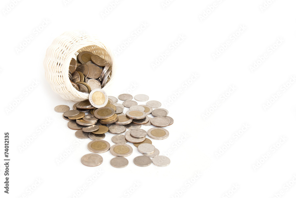 Wooden Basket handmade and stack of coin isolated on white backg Wooden Basket handmade and stack of coin isolated on white backg