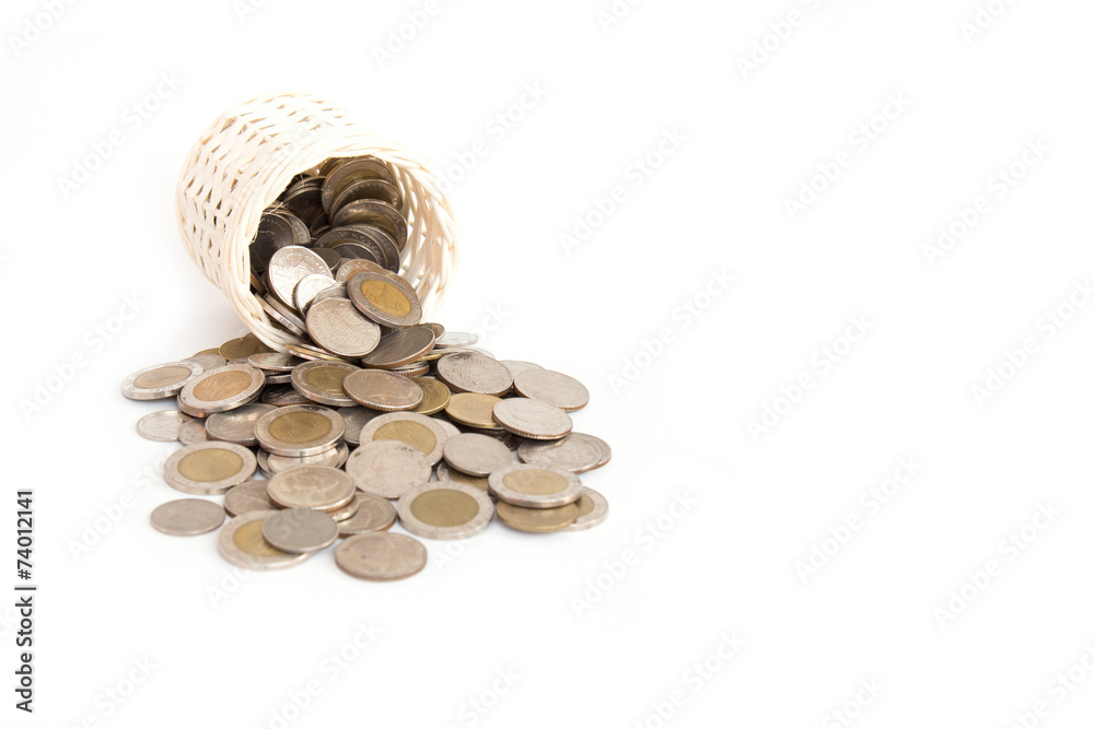 Wooden Basket handmade and stack of coin isolated on white backg Wooden Basket handmade and stack of coin isolated on white backg