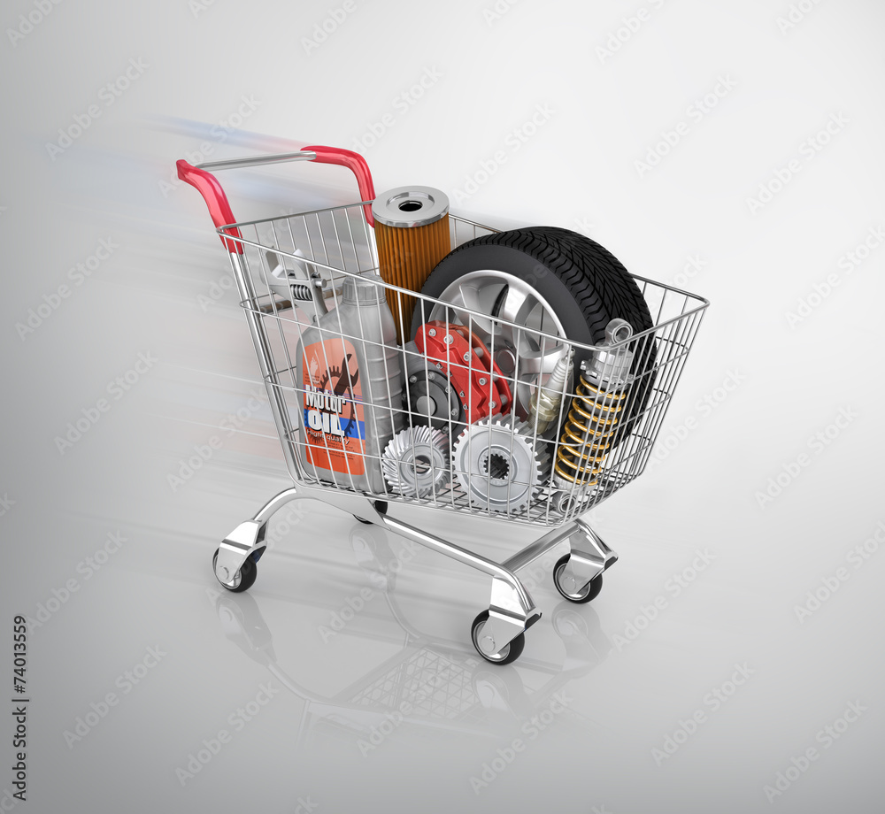 Auto parts in the trolley. Auto parts store. Automotive basket s Stock