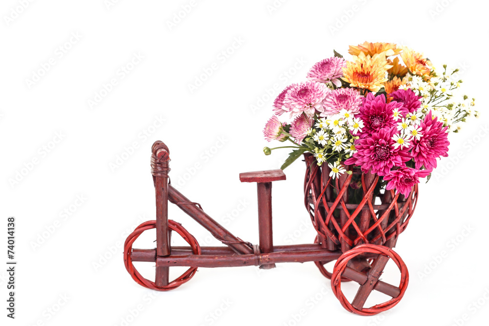 Flower in wooden handmade basket isolated on white background