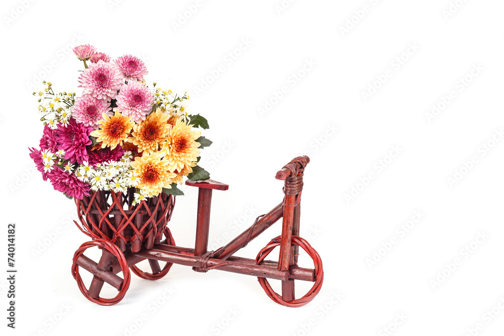 Flower in wooden handmade basket isolated on white background