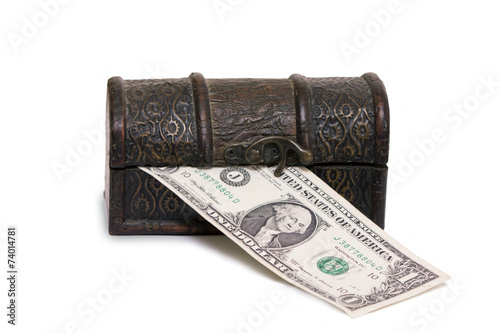 wooden chest with money isolated on a white background
