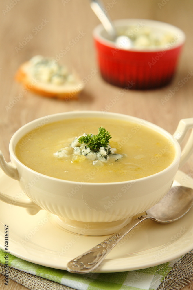 Homemade onion soup with celery and blue cheese Homemade onion soup with celery and blue cheese