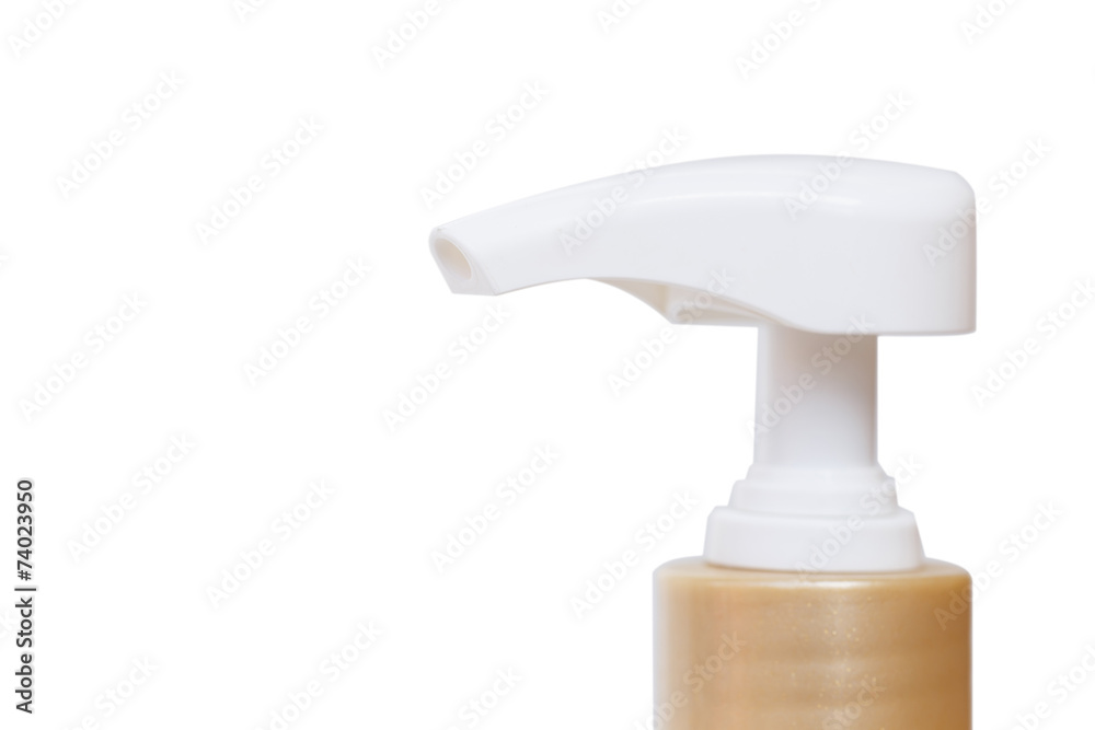 Close up plastic pump bottle isolated on white background Close up plastic pump bottle isolated on white background