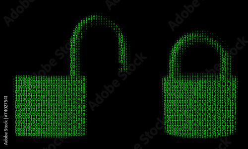 locked and unlocked padlock from binary numbers
