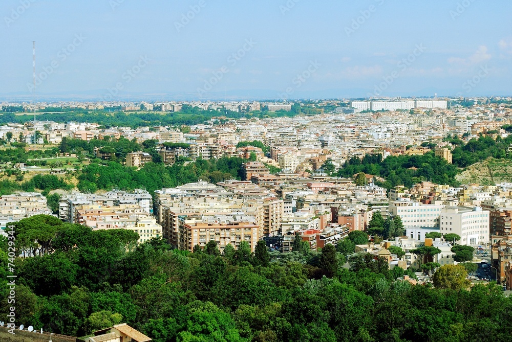 Aerial view of Rome city from St Peter Basilica roof