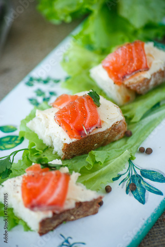 bread with cheese and salted salmon