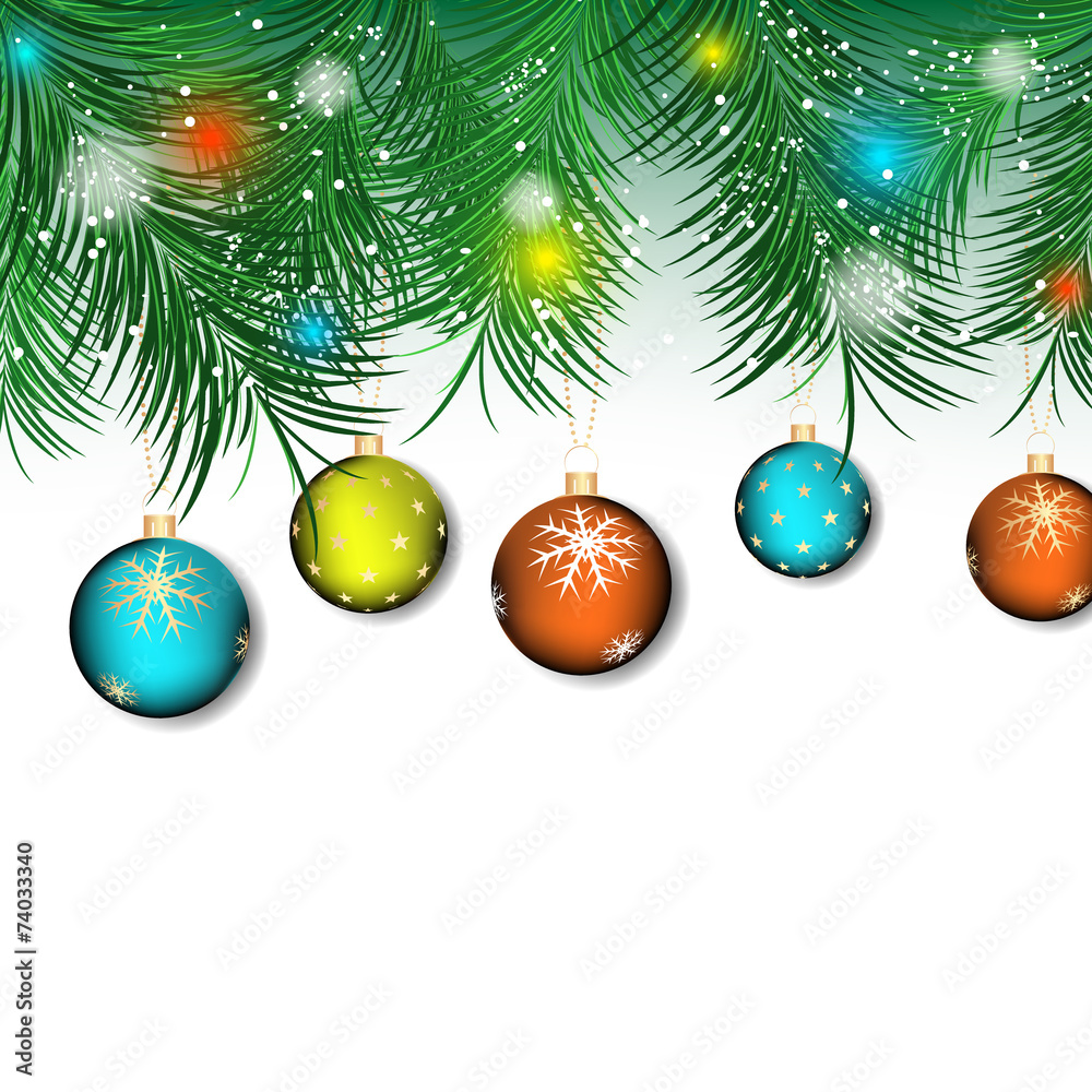 Christmas background and colored christmas ball, pine needles