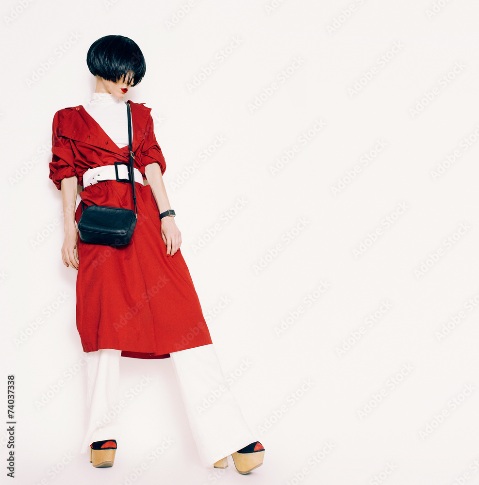 Portrait fashionable brunette in a red cloak on a white backgrou Portrait fashionable brunette in a red cloak on a white backgrou
