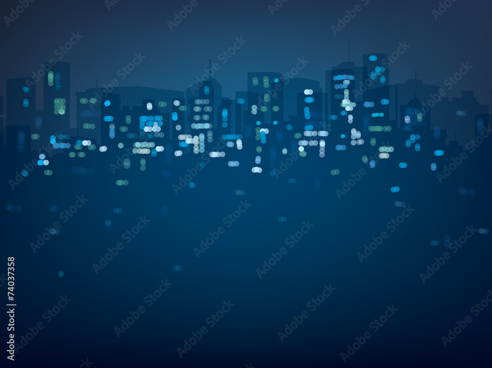 Vector bokeh night city background in blue colors.