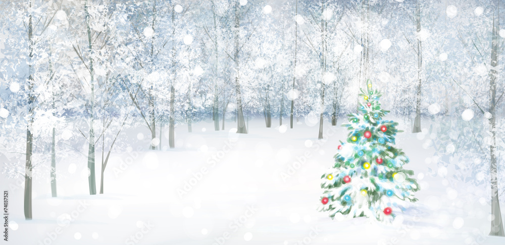 Vector Christmas tree in snowy forest.