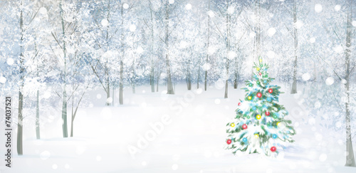 Vector Christmas tree in snowy forest.