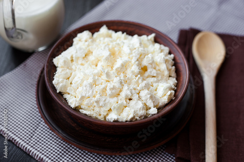 Delicious homemade cottage cheese with milk on the table