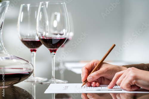 Female hand taking notes at red wine tasting.