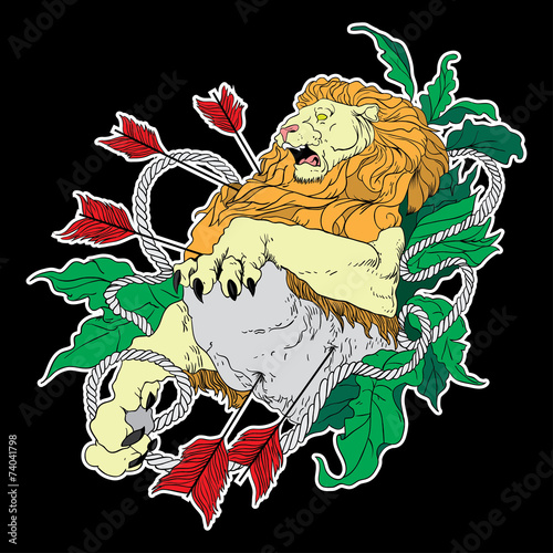 Lion pierced by arrows on black background