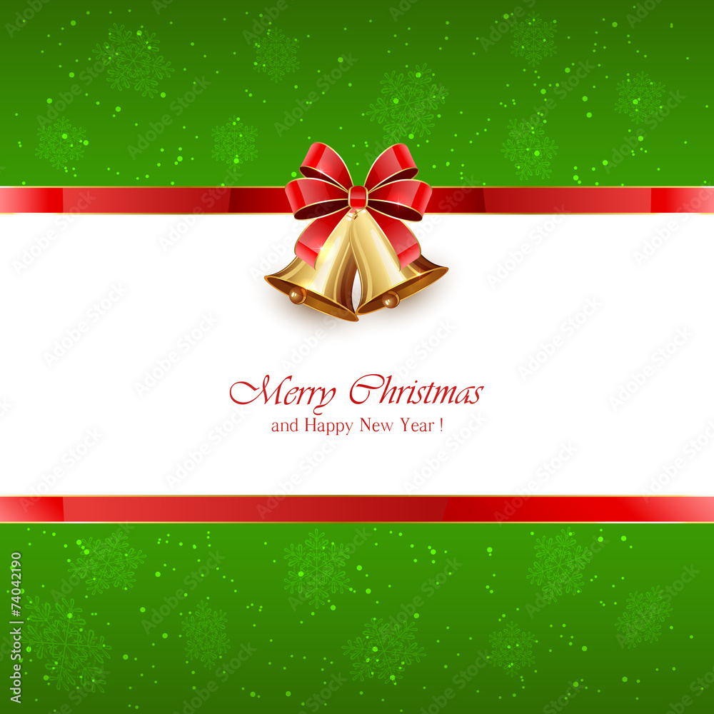 Green Christmas background with bells and red bow