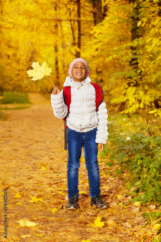 Small African girl with bunch of yellow leaves © Sergey Novikov