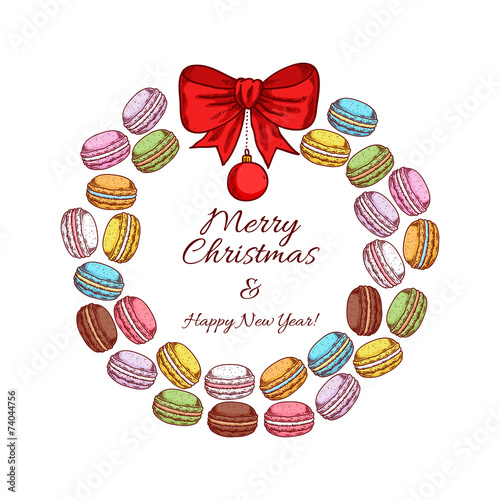 Christmas cookies wreath with macaroons and bow.