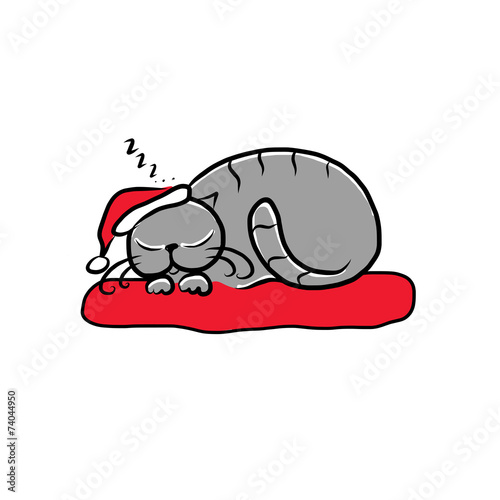Santa cat sleeping, sketch for your design