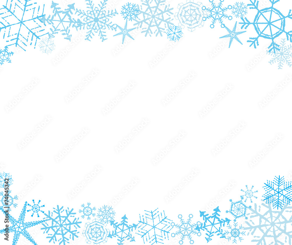 Hand-drawn snowflake frame in white and blue, upper and lower Hand-drawn snowflake frame in white and blue, upper and lower